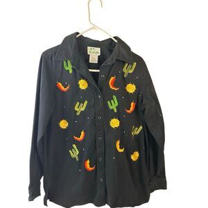 QVC Quaker Factory flannel shirt‎ small S Hong Kong Cactus Peppers Buttons Black